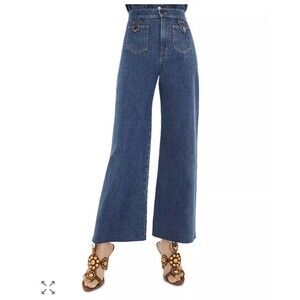 Veronica Beard Grant Patch Pocket High Rise Ankle Wide Leg Jeans Raw Hem 32